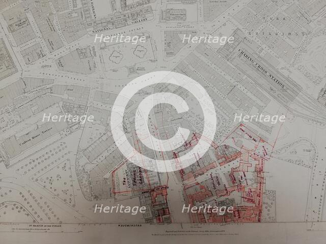 Plan of buildings in Whitehall, Westminster, London, 1874.  Creator: Tom Higgs.