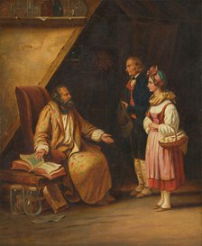 A young couple visit a savant who consults ancient volumes in order to provide counselling...(1833?) Creator: Edouard Pingret.