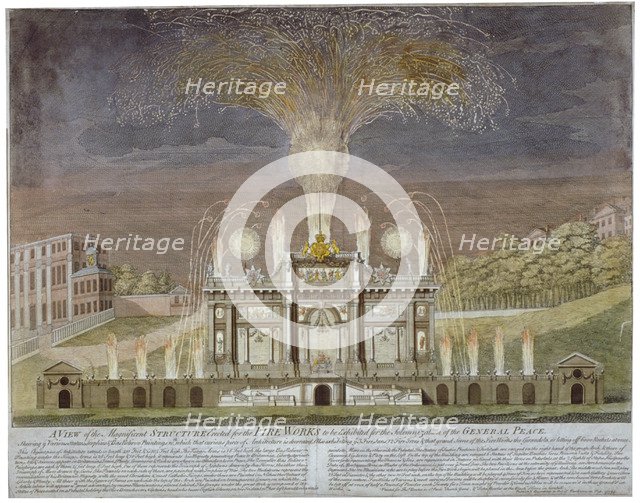 Fireworks in Green Park, Westminster, London, 1749.                                          Artist: Anon