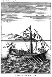 Roman war galley equipped with a corvus (right), 18th century. Artist: Unknown