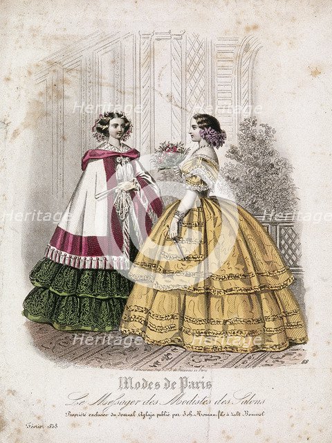 Two women wearing the latest fashions, 1858. Artist: Anon