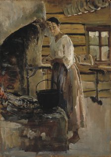 Woman Cooking Whitefish; Woman grilling fish, 1886. Creator: Akseli Gallen-Kallela.