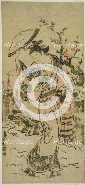 The Actor Sanogawa Mangiku as a woman walking in the snow, c. 1742. Creator: Okumura Toshinobu.