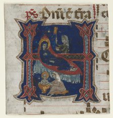 Fragment of a Choir Book with Historiated Initial (H): Birth of the Virgin, 1200s. Creator: Unknown.