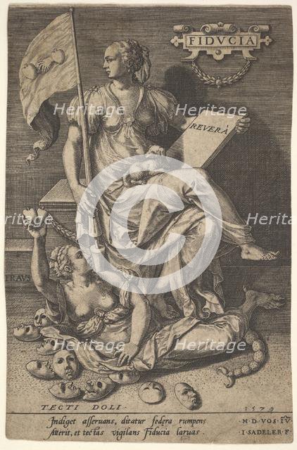 Fiducia, a seated woman holds a book and banner while turning her head away from a bare-br..., 1579. Creator: Johann Sadeler I.