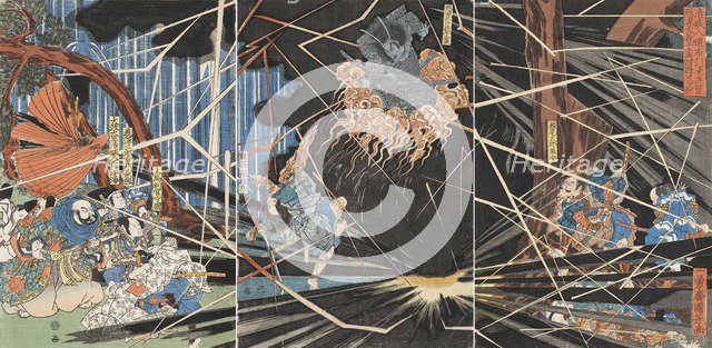 Ghost of Akugenda Yoshihira Attacking Nanba Jiro at Nunobiki Waterfall, ca 1825. Creator: Kuniyoshi, Utagawa (1797-1861).