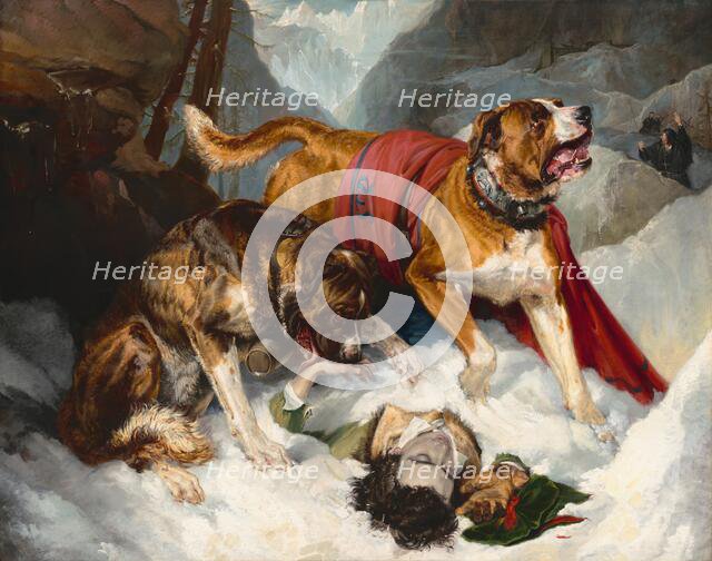 Alpine Mastiffs Reanimating a Distressed Traveler, 1820. Creator: Edwin Henry Landseer.