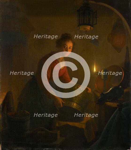 A Woman in a Kitchen by Candlelight, c.1830. Creator: Michiel Versteegh.