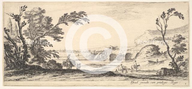 Plate 3: two horsemen crossing a river to right, a woman with two baskets atop a donke..., ca. 1641. Creator: Stefano della Bella.
