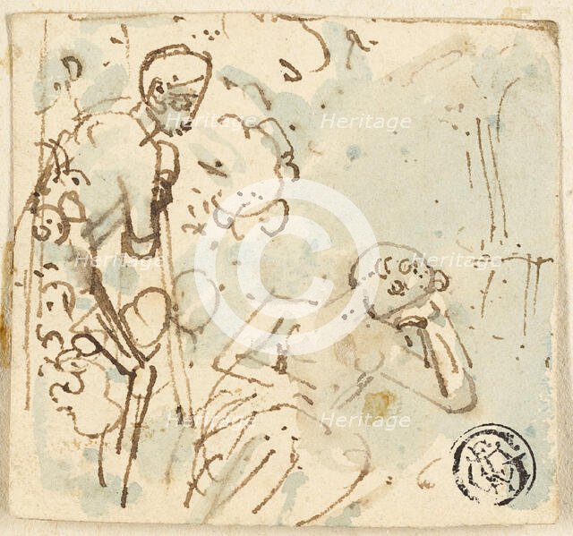 Sketch of Man Leaning on Staff, Looking at Sleeping Woman, n.d. Creator: Thomas Stothard.