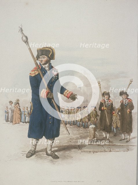 Parish Beadle in civic costume holding a staff, 1805. Artist: William Henry Pyne