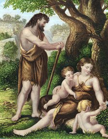 Adam and Eve with their sons, Cain and Abel, resting in the wilderness , c1860. Artist: Unknown