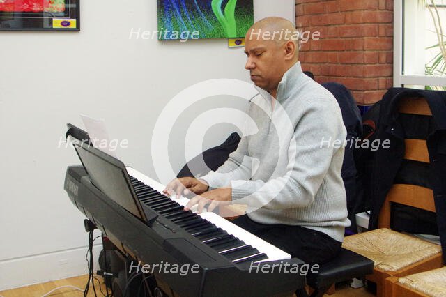 Terence Collie, Stuart Henderson Quartet, Clocktower Cafe Jazz Club, Croydon, London, April 2025. Creator: Brian O'Connor.