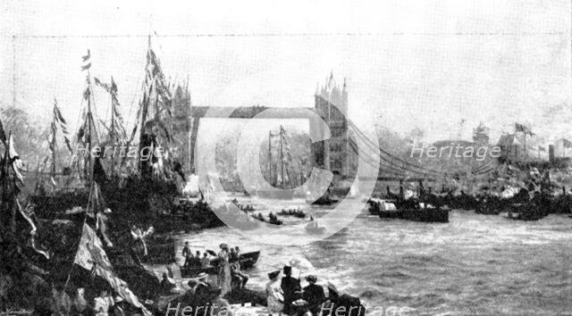 Pictures from the Royal Academy: The Opening of the Tower Bridge - W. L. Wyllie, A.R.A., 1895. Creator: George Meisenbach.