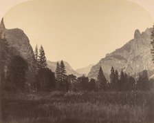 Up the Valley, North Dome in Center, Sentinel on Left, 1861. Creator: Carleton Emmons Watkins.
