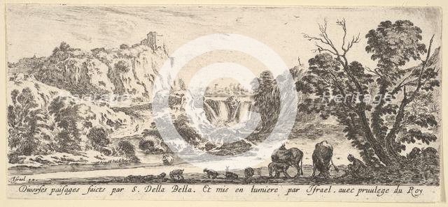 A waterfall descending from the mountains in the center background, various animals an..., ca. 1641. Creator: Stefano della Bella.