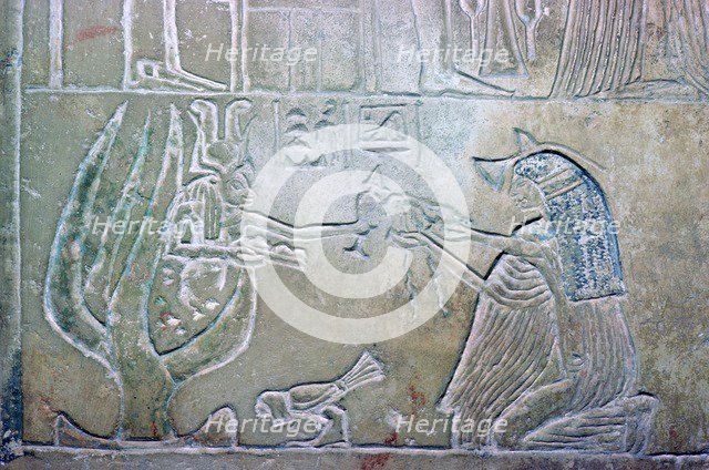 Egyptian relief showing a dead woman and Hathor. Artist: Unknown