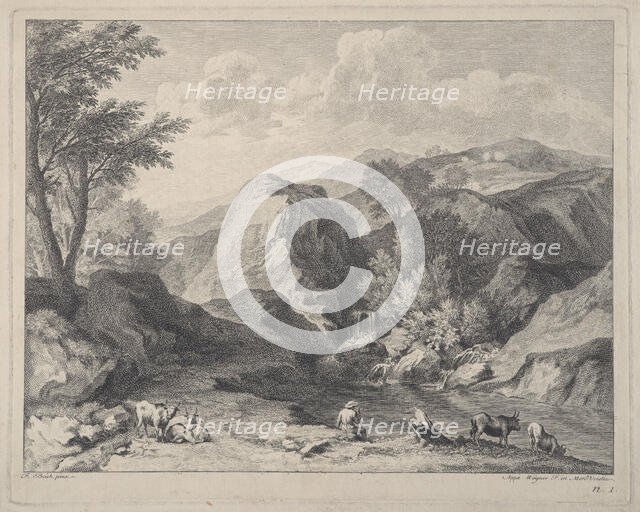 Mountainous landscape with herdsmen and cows, ca. 1725-80. Creator: Joseph Wagner.