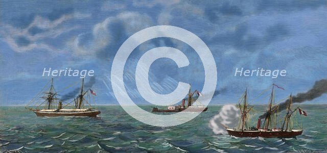 War of the Pacific (1879-1883); Chilean transporter Rimac by the Peruvian ironclad Huascar..., 1879. Creator: Unknown.