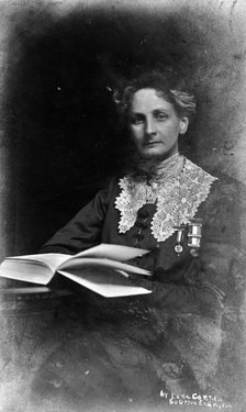 Suffragette, Lady Constance Lytton wearing a prison number badge and hunger strike medal, c1912. Artist: Unknown