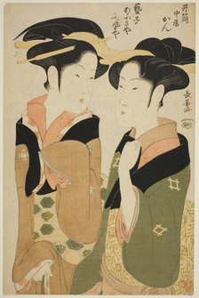 Kan, a waitress of the Izutsuya, and the geisha Fuseya of the Ogiya, c. 1794. Creator: Eishosai Choki.