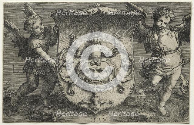 A Shield Bearing a Mask Supported by Two Genii, 1527. Creator: Lucas van Leyden (Dutch, 1494-1533).