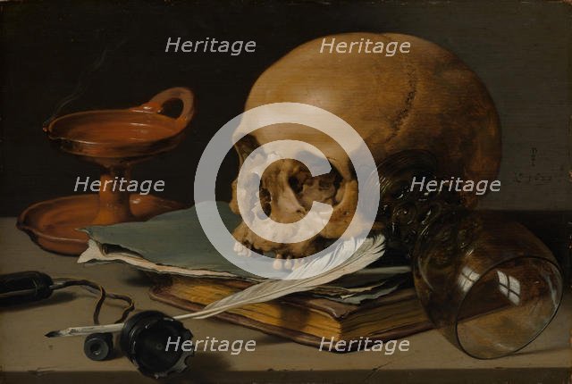 Still Life with a Skull and a Writing Quill, 1628. Creator: Pieter Claesz.