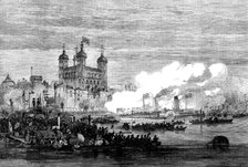 The Shah on the Thames: embarking at the Tower for the West India Dock and Greenwich, 1873. Creator: Unknown.