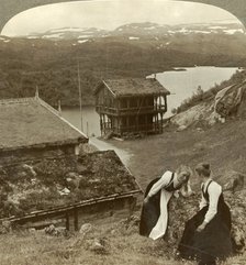 'Gossip at a wayside inn at Botten, overlooking the Voxli Lake - view toward Haukeli Mts., Norway',  Creator: Unknown.