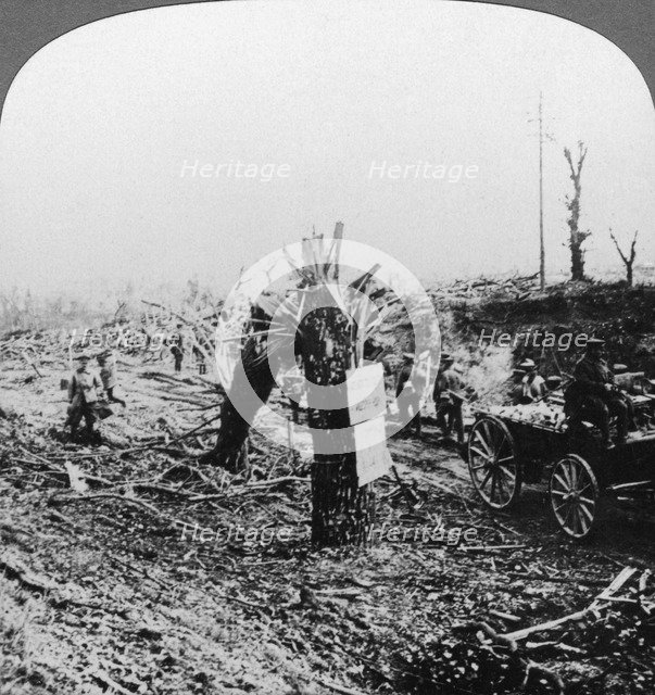 Engineers repairing a light railway, Hangard, France, World War I, 1914-1918.Artist: Realistic Travels Publishers