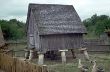 Reconstruction of a Celtic iron-age barn. Artist: Unknown