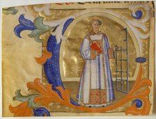 Manuscript Illumination with Saint Lawrence in an Initial C, from a Gradual, Italian, ca. 1380-90. Creator: Simone Camaldolese.
