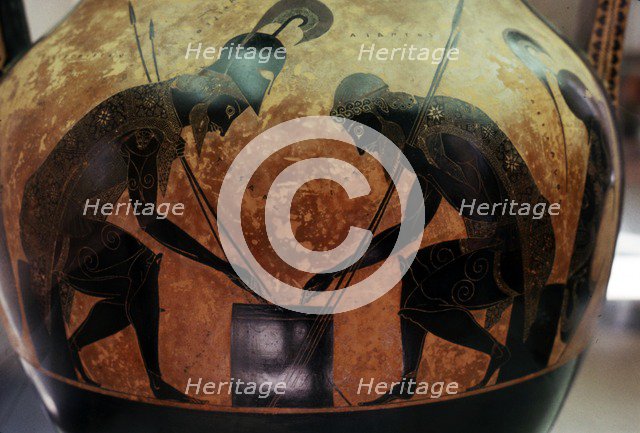 Greek Amphora, detail of Achilles and Ajax playing a game, c6th century BC. Artist: Exekias.