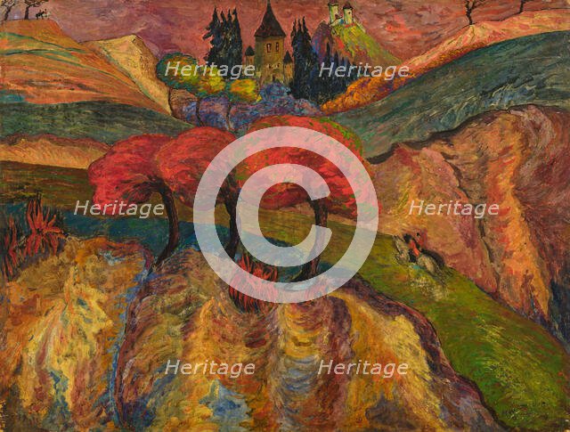 Romantic landscape with riders, c 1915. Creator: Werefkin, Marianne, von (1860-1938).