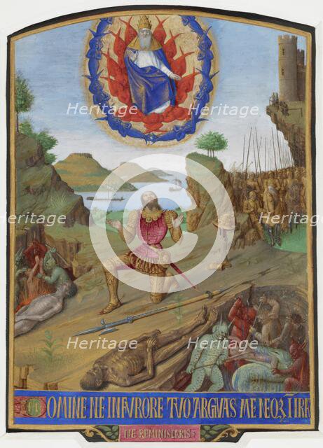 David, in armour, kneeling in penitence before the Almighty with his army, c1452-1460. Creator: Unknown.