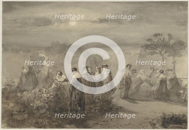 Company of ladies and gentlemen in a court with rose bushes that are lit by the moon, 1847. Creator: Charles Rochussen.