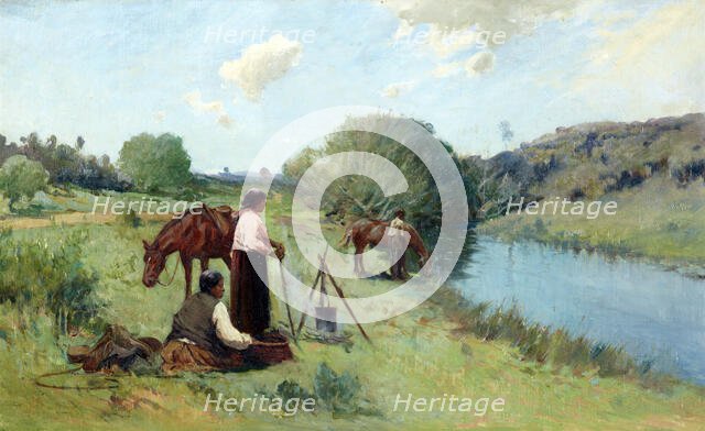 Maoris on a river bank, 1912. Creator: Frank Wright.