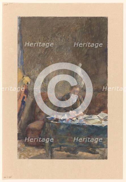 Interior with man writing on sofa behind the table, 1874-1918. Creator: Martinus van Andringa.