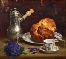 Still life with coffee pot, brioche, porcelain and bouquet of violets, . Creator: Huas; Pierre Adolphe (1838-1900).