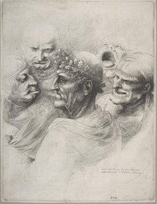 Five grotesque heads, including an elderly man with an oak leaf wreath, 1646., 1646. Creator: Wenceslaus Hollar.