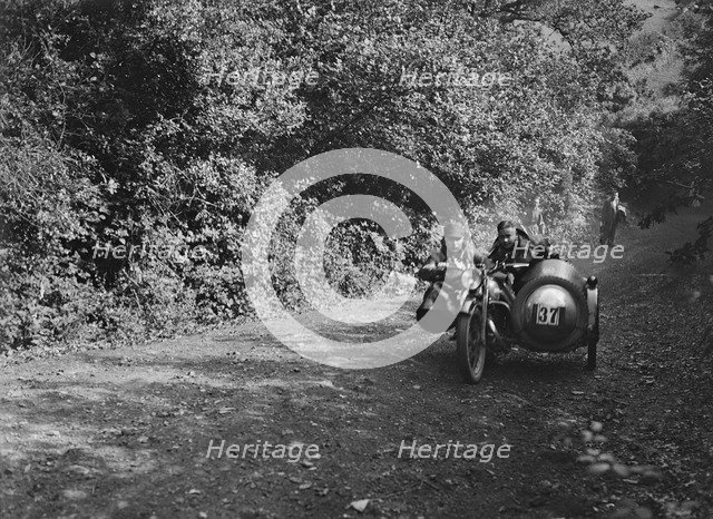 Motorcycle and sidecar of HD Jongs, Brighton and Hove Motor Club Brighton-Beer Trial, 1930. Artist: Bill Brunell.