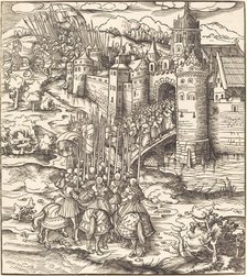 Various Men Kneeling on a Bridge in front of a Town, 1514/1516. Creator: Leonhard Beck.