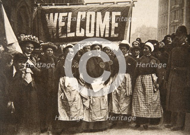 'The welcome to the victims of masculine tyranny', 1908.  Artist: Central News