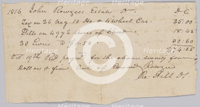 Record of taxes on property, including enslaved persons, owned by John Rouzee, October 19, 1816. Creator: Unknown.