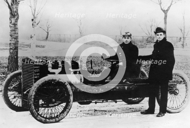 Barney Oldfield and Henry Ford with Ford '999', 1902. Artist: Unknown