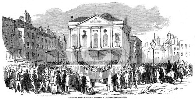 Election hustings in Clerkenwell Green during the Finsbury election, London, 1852. Artist: Unknown