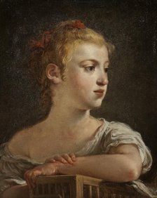 Portrait of young girl with birdcage, c18th century. Creator: Hugues Taraval.