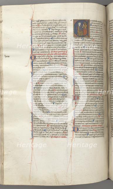 Fol. 227v, Psalm 80, historiated initial E, David hitting a carillon of hells, c. 1275-1300. Creator: Unknown.