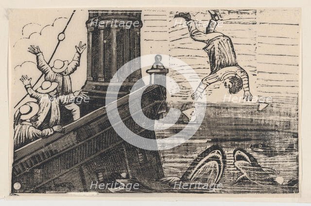 A man being thrown to the sharks, from a broadside entitled 'Triste Fin de Gerard..., ca. 1880-1910. Creator: José Guadalupe Posada.