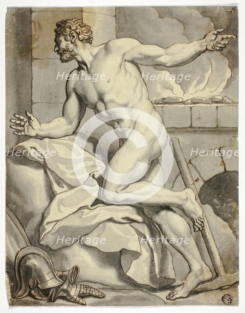 Male Nude Kneeling beside Open Hearth, with Helmet and Metal Gloves on Floor, n.d. Creator: Louis Chéron.